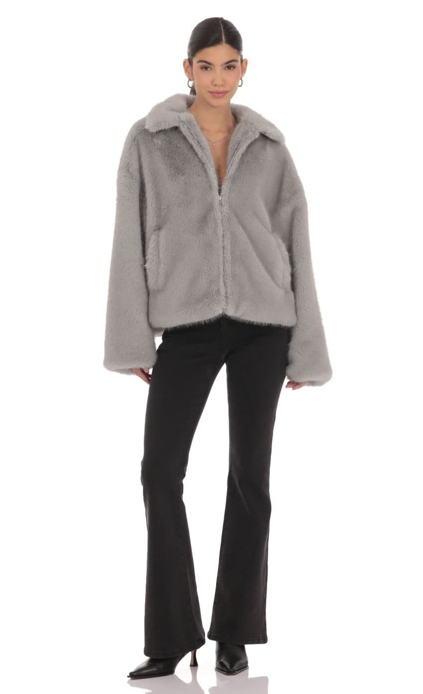 Zip-Up Faux Fur Jacket in Grey