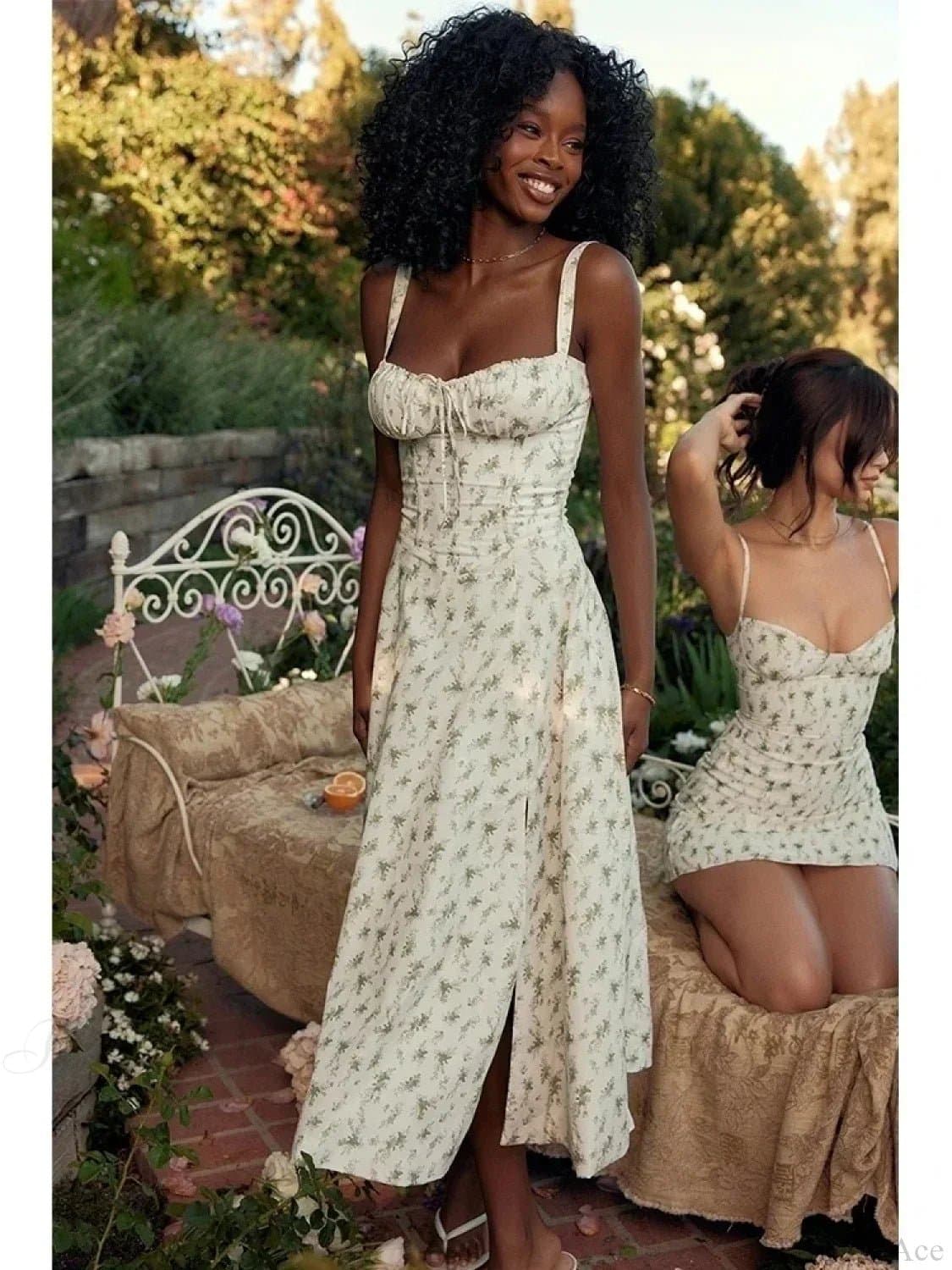 Waist Wrap Spaghetti Strap Floral Print A-Line Dress