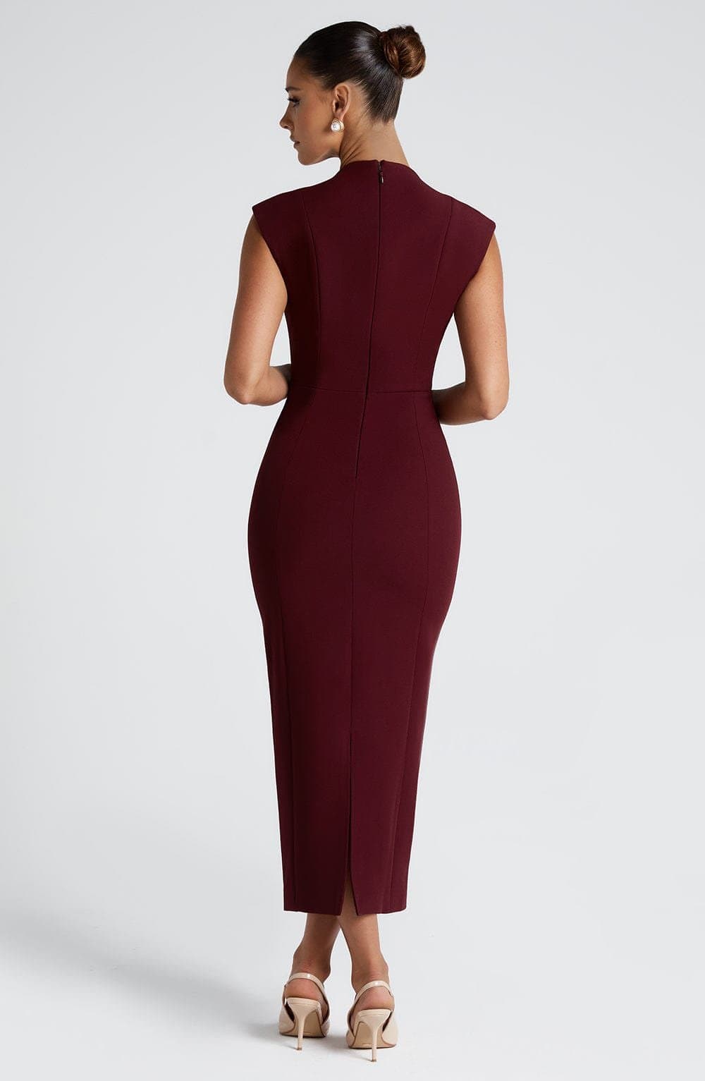 Nellie Midi Dress Cherry Lacquer Non-Stretch Crepe Plunging Neckline Pencil Skirt