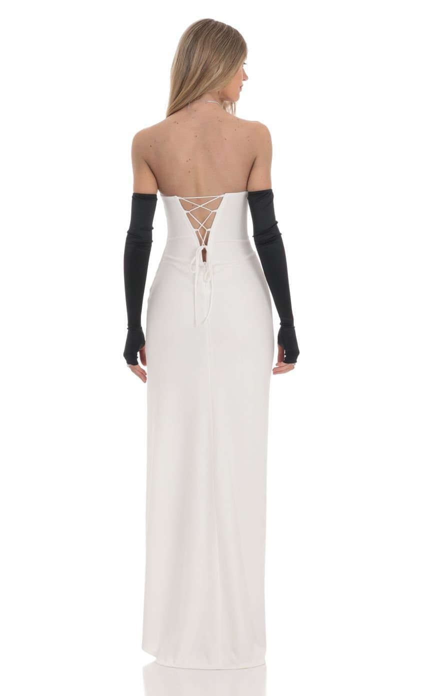 Satin Glove Strapless Corset Maxi Dress in White