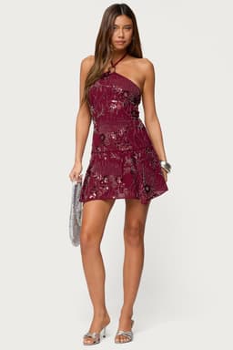 Adria Bead & Sequin Embellished Mini Dress - Halter Neck Polyester