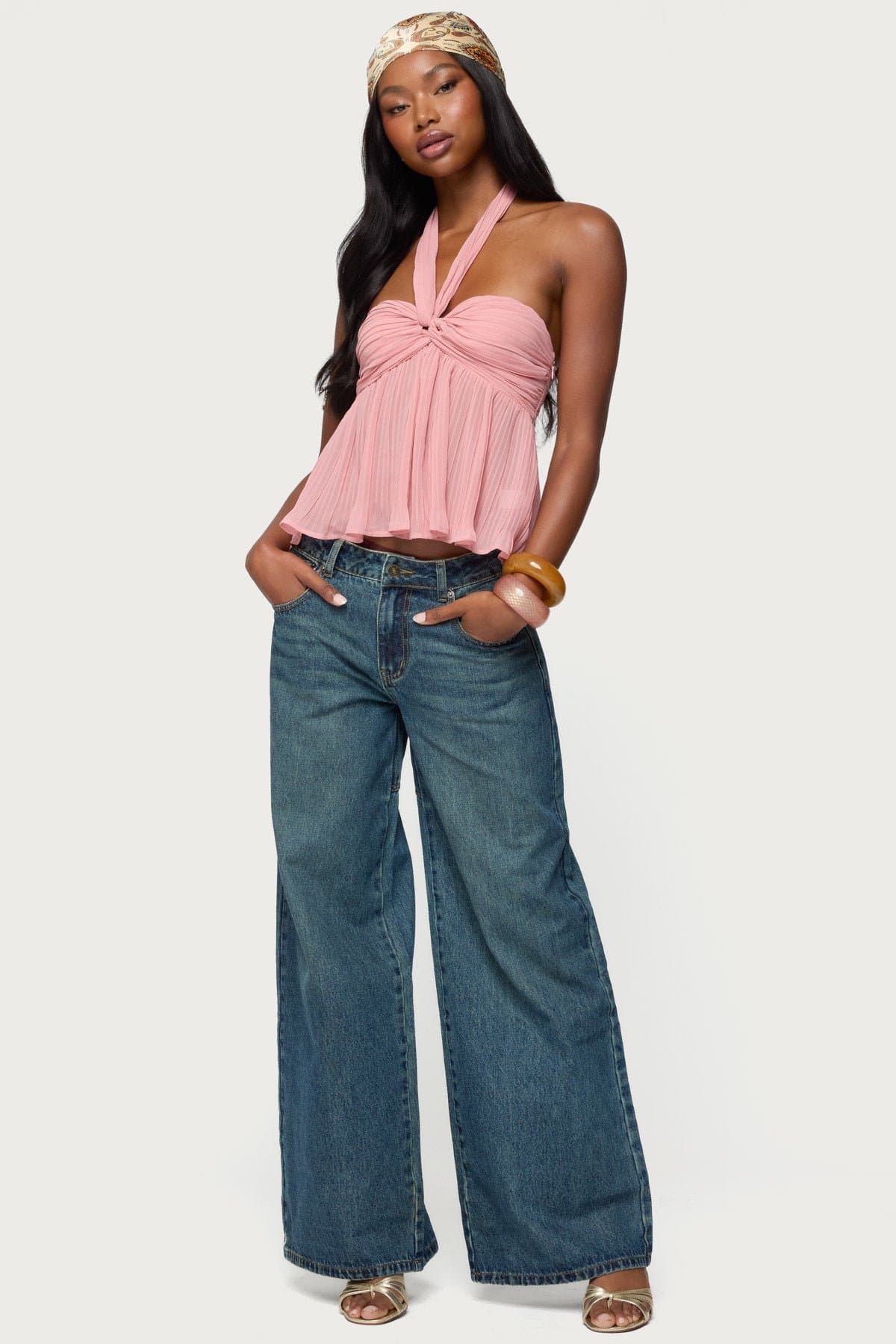 Pleated Chiffon Babydoll Halter Top - Twist Front Neck Tie Polyester