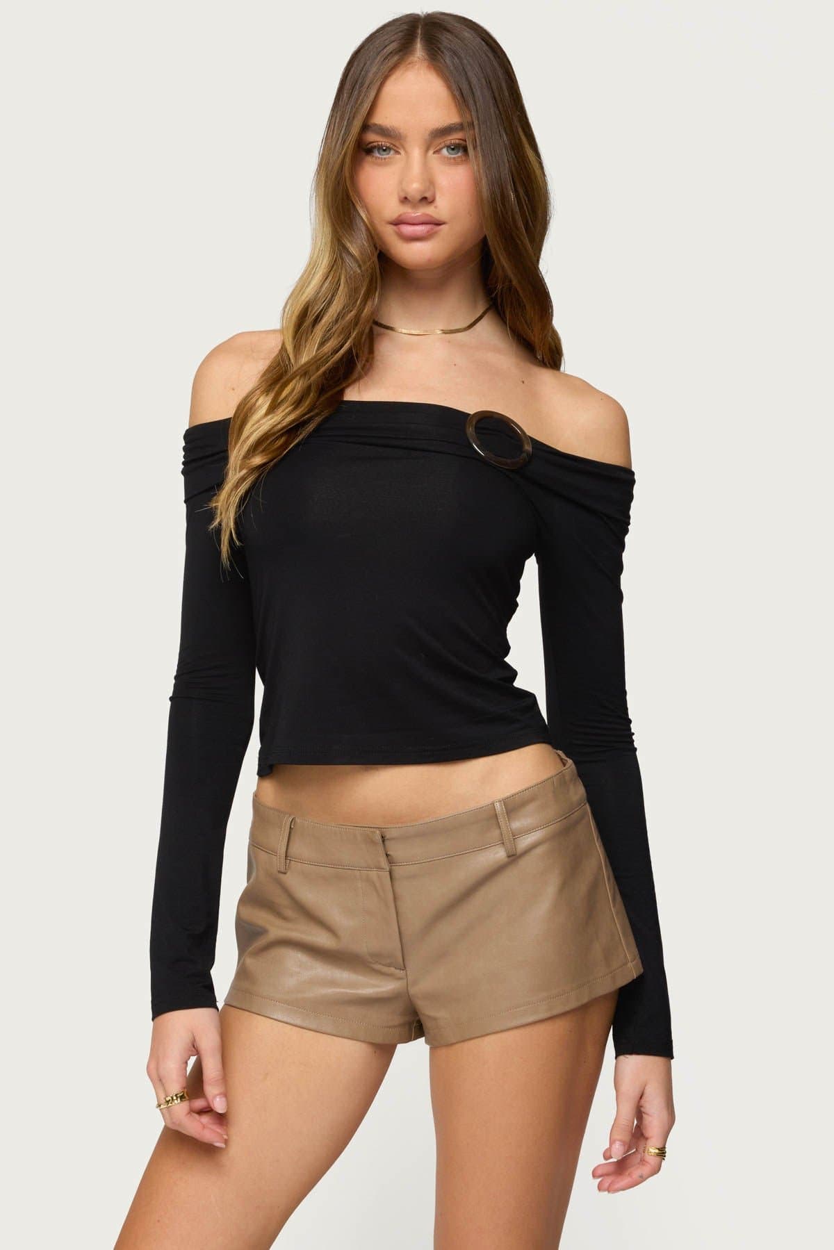 Mazi Foldover Gathered Ring Top - Long Sleeve Off Shoulder Rayon Spandex Blouse