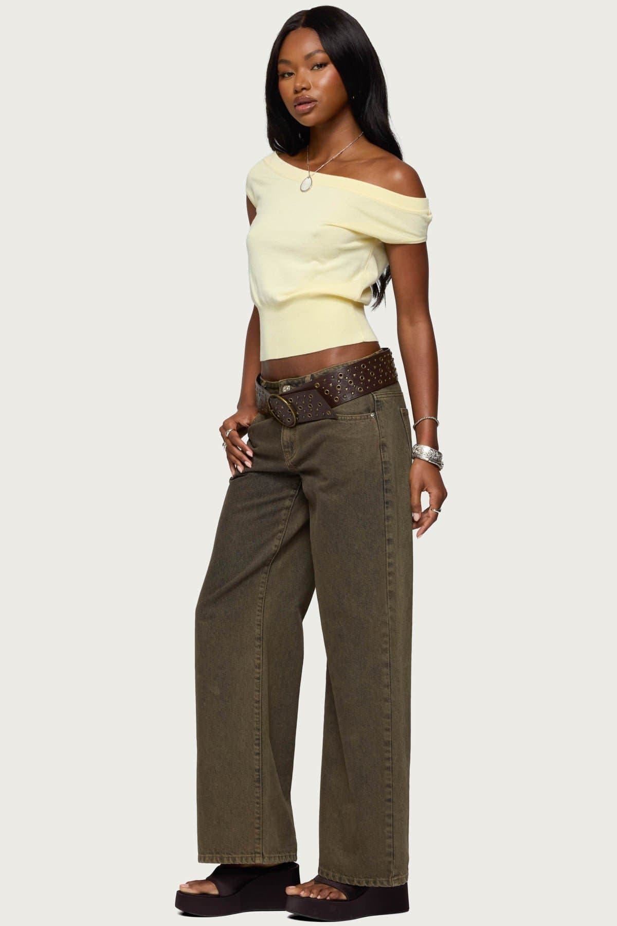 Michaela Off Shoulder Knit Top - Ribbed Polyester Rayon Fitted Hem