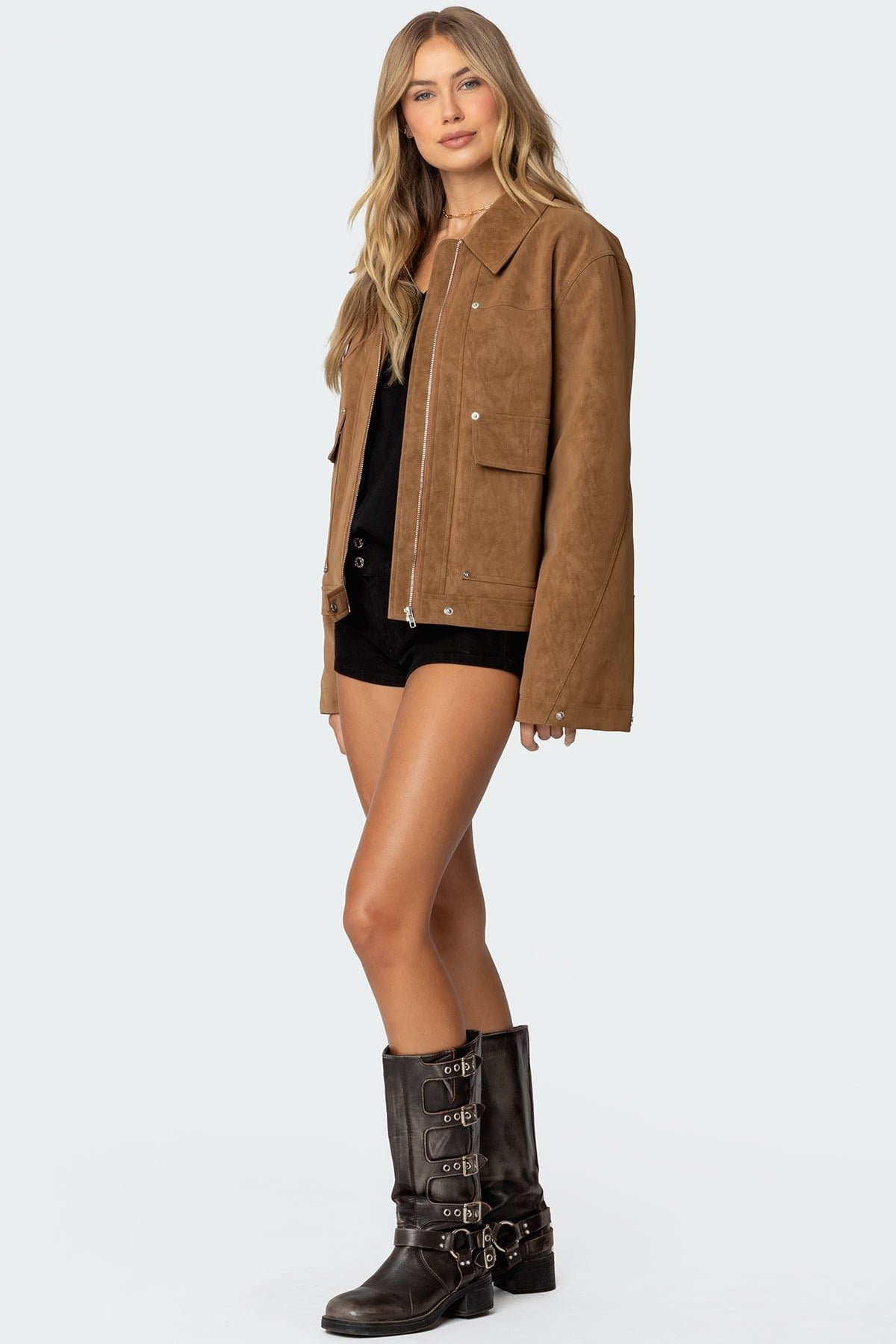 Annabelle Oversized Faux Suede Jacket - Collared Polyurethane Rayon Women's Coat
