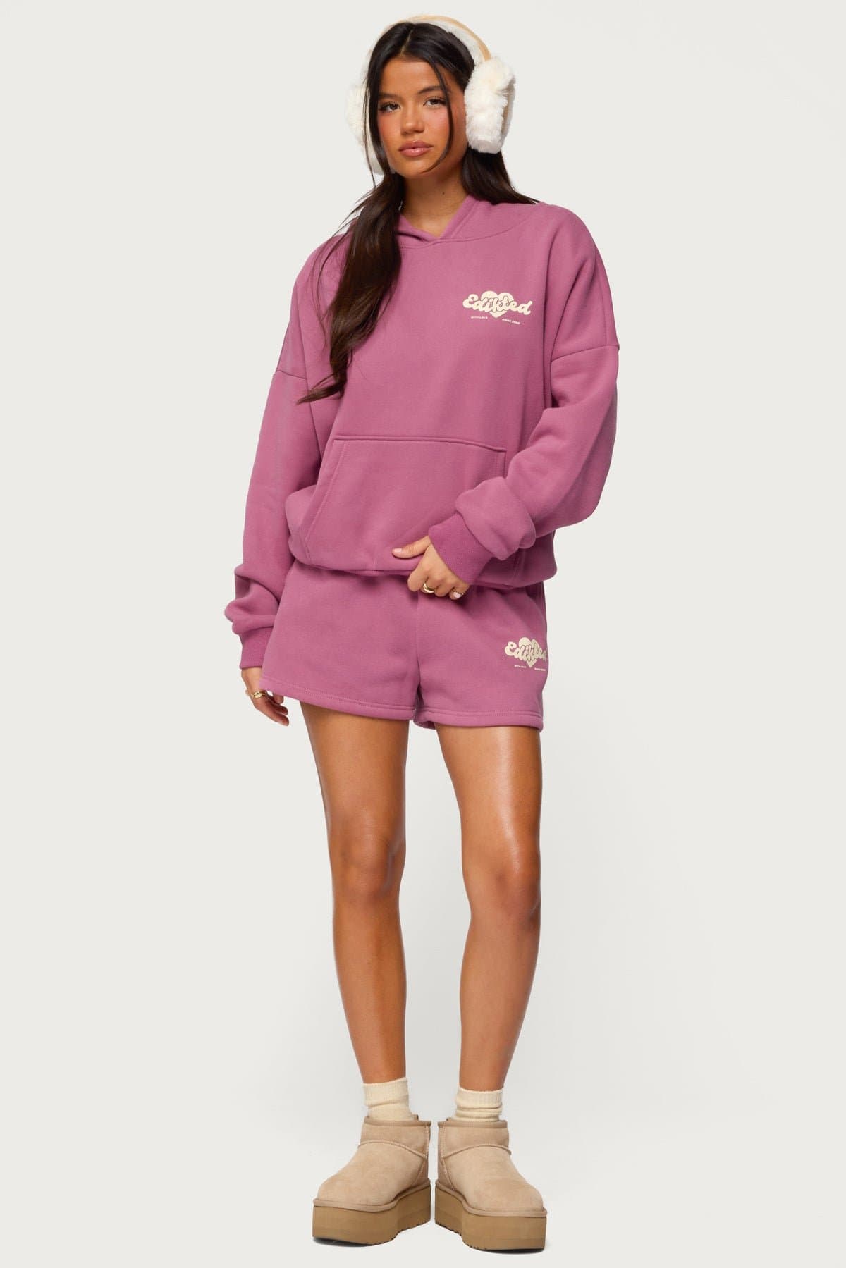 We're Edikted Hoodie with Heart Graphic Print Polyester Cotton Blend