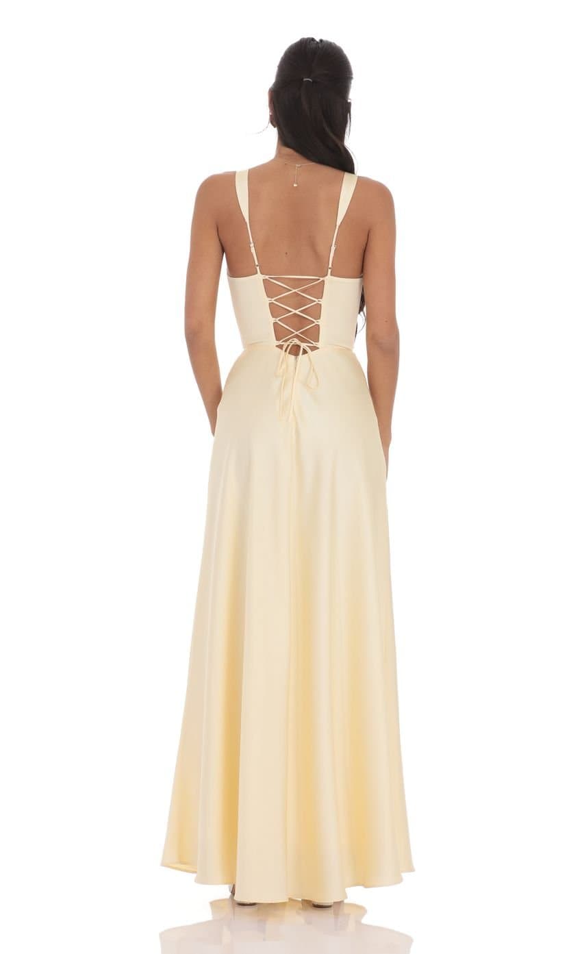 Satin Plunge Neck Corset Maxi Dress in Yellow
