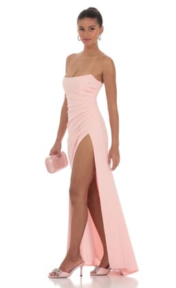 Ruched Strapless Corset Maxi Dress in Pink