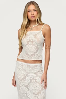 Violette Sheer Lace Tie Back Top - Straight Neckline Scalloped Trim Nylon Cotton