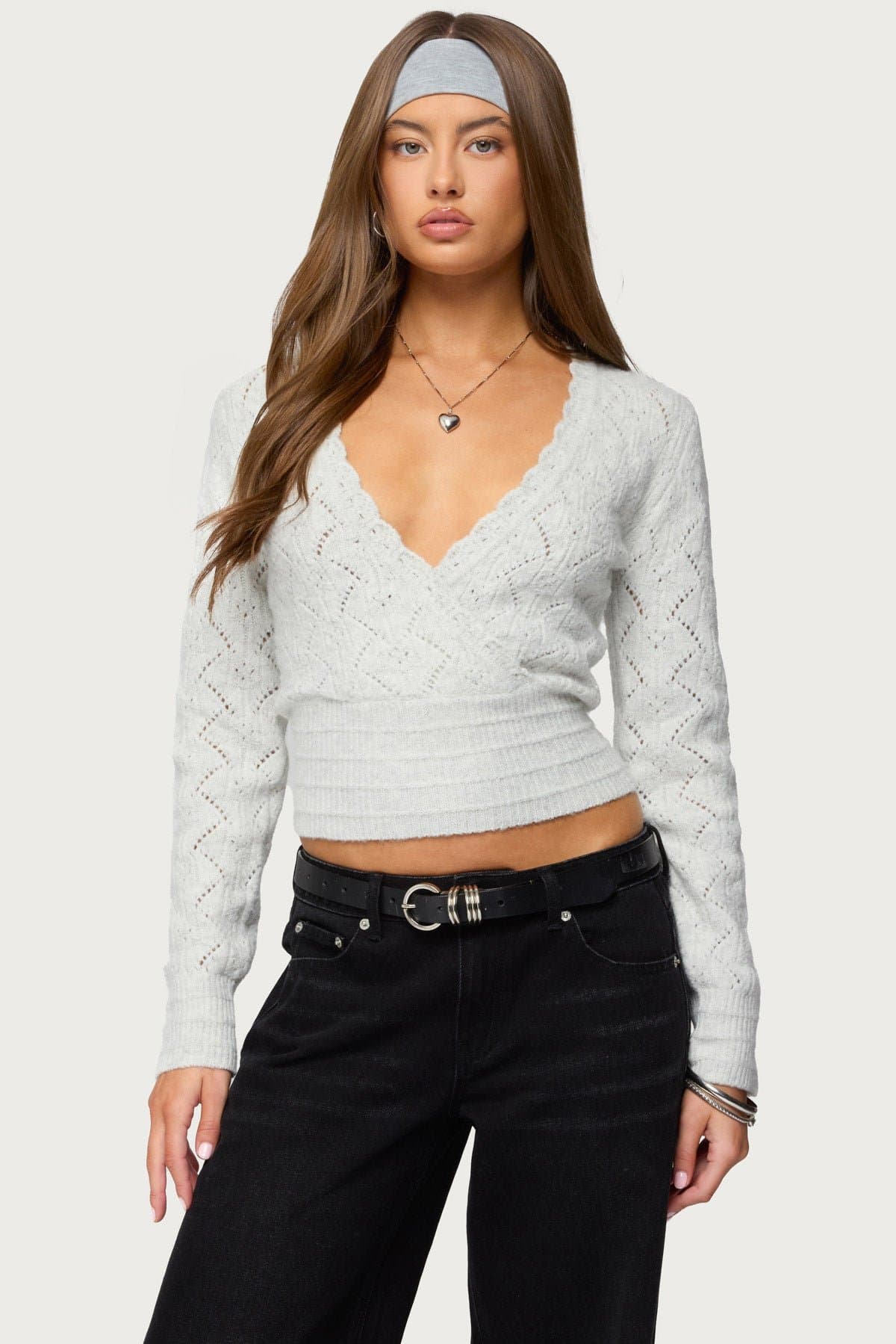 Janine Pointelle Knit Long Sleeve V-Neck Wrap Top with Cinched Waist