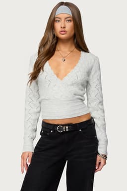 Janine Pointelle Knit Long Sleeve V-Neck Wrap Top with Cinched Waist