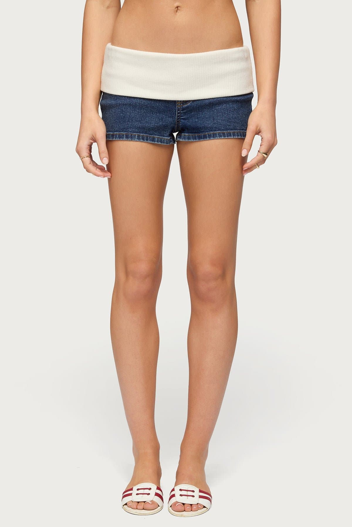 Contrast Foldover Denim Micro Shorts - Low Rise Stretchy Cotton Polyester Spandex