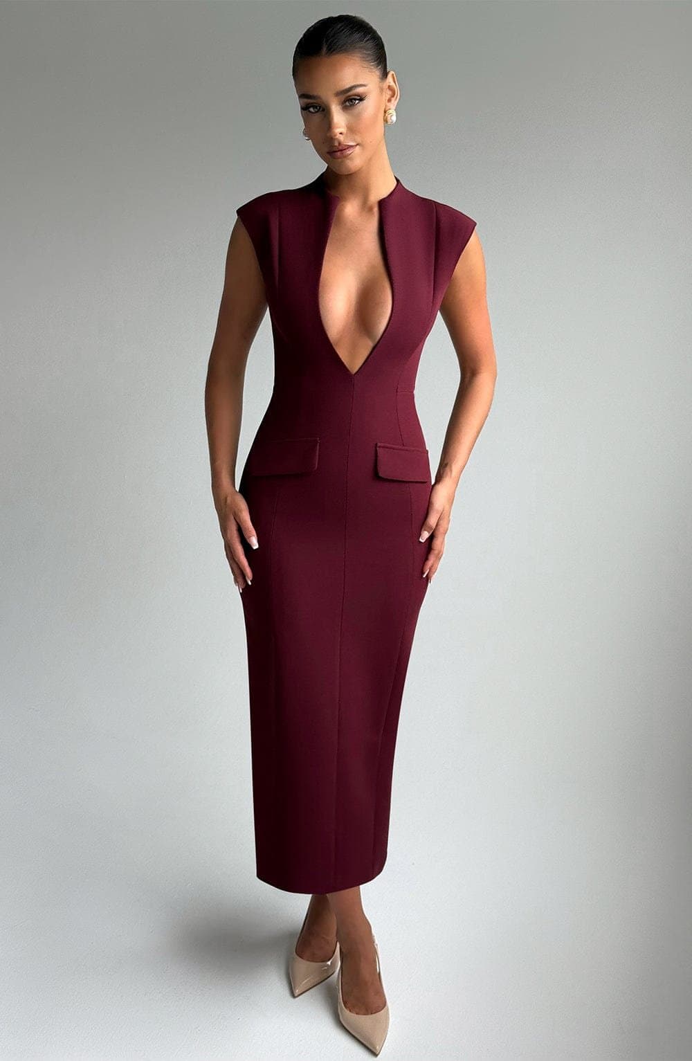 Nellie Midi Dress Cherry Lacquer Non-Stretch Crepe Plunging Neckline Pencil Skirt