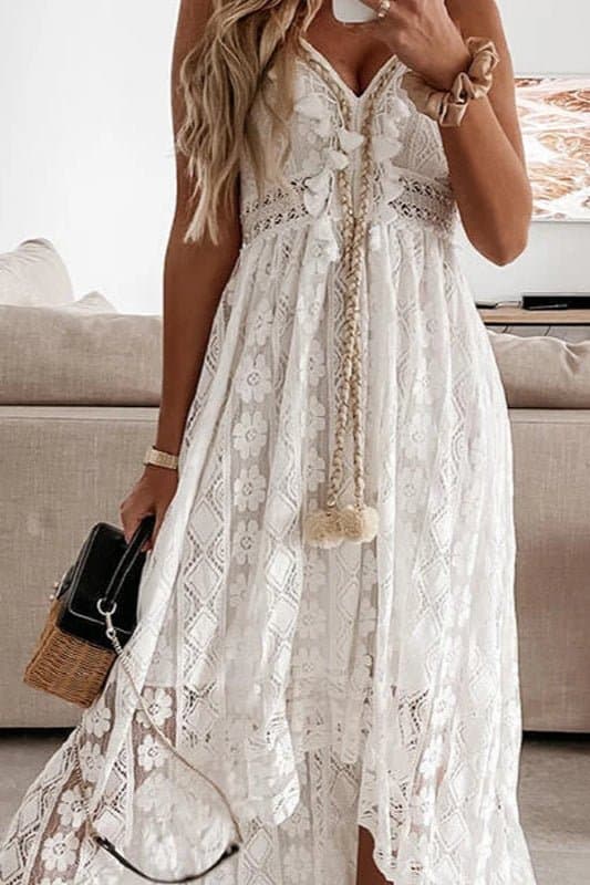 Summer New Lace Sling V-Neck Floral Mid-Calf A-Line Dress