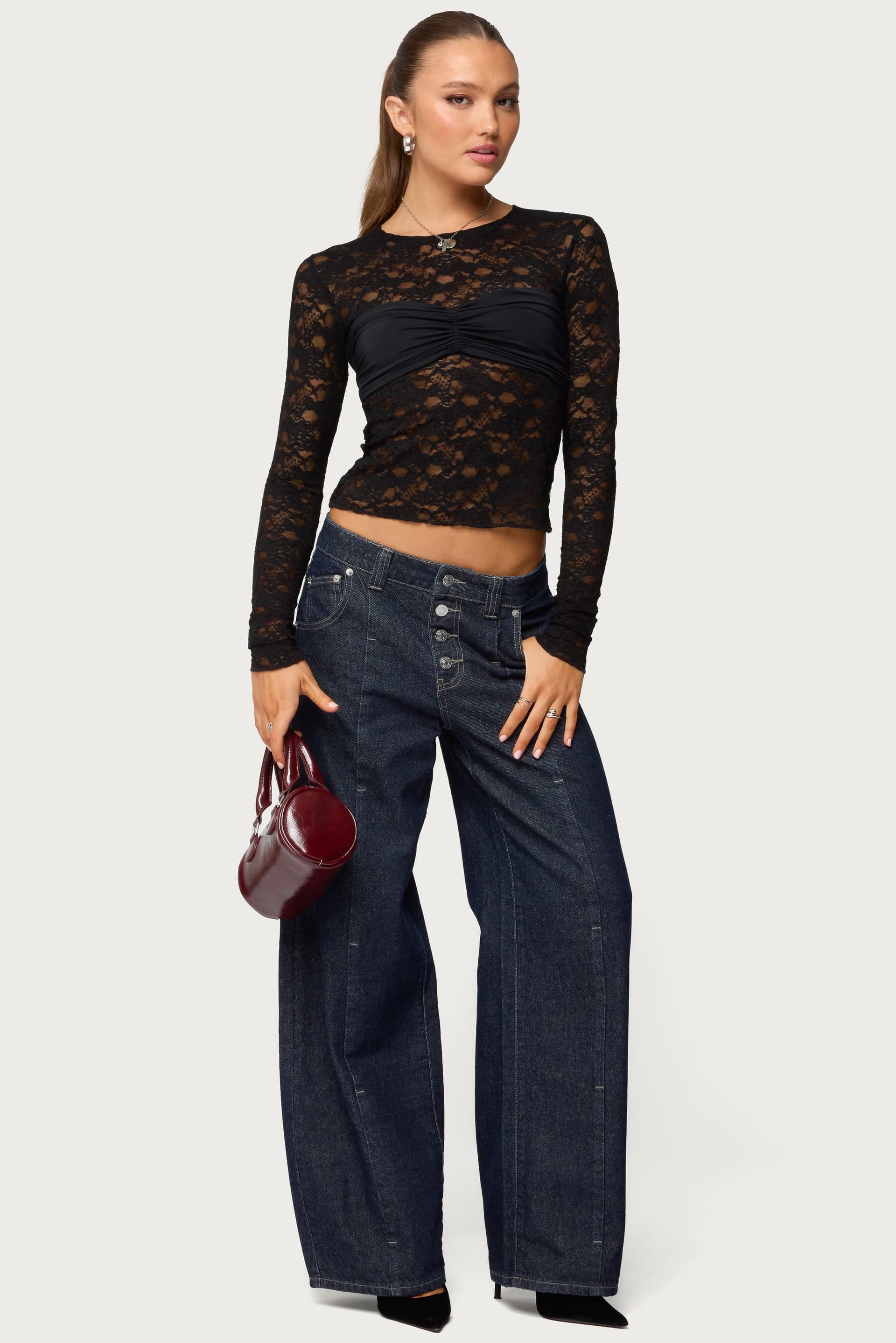 Rosette Bandeau Sheer Lace Top - Long Sleeve Polyester Spandex