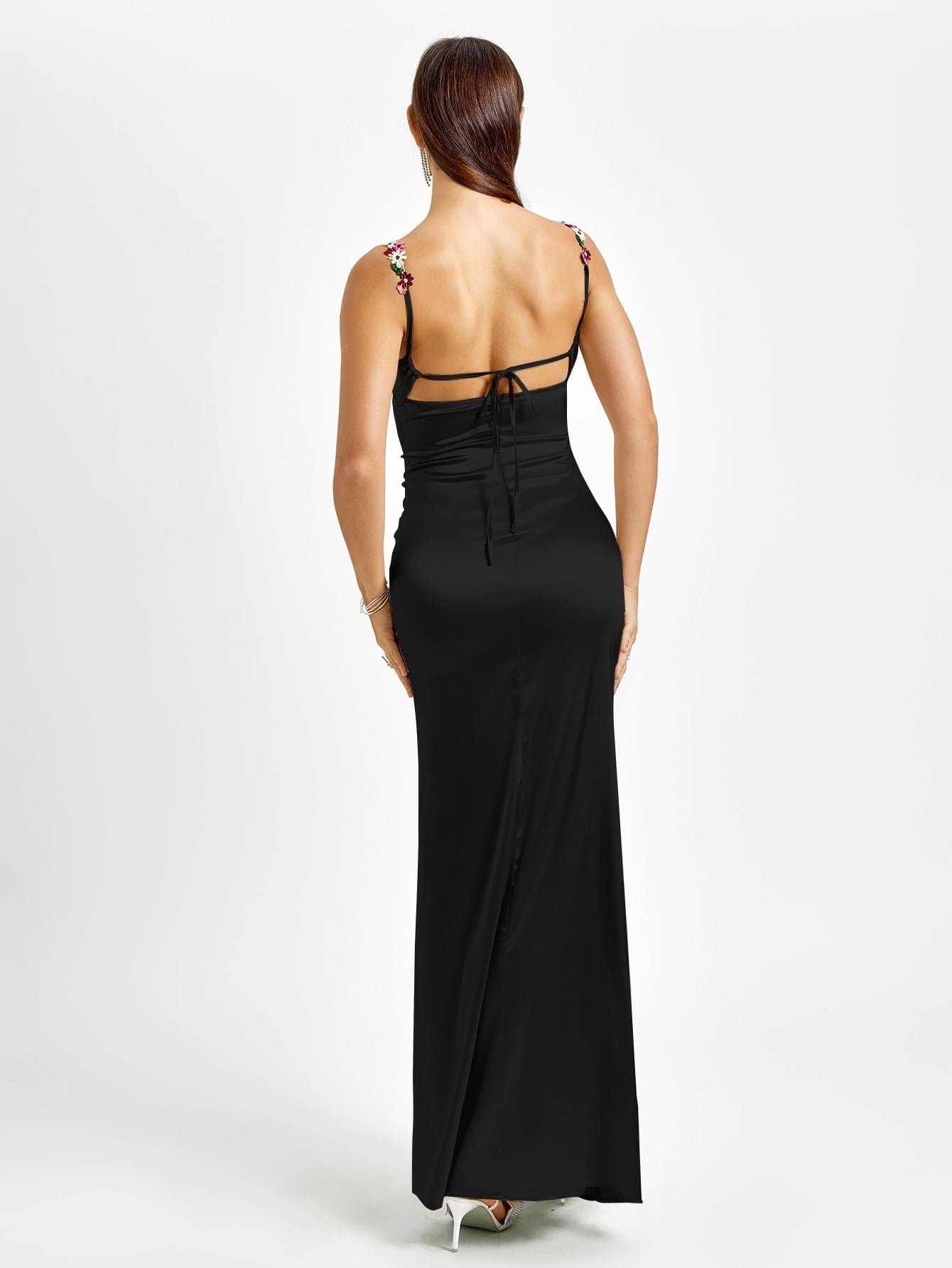 Embellished Strap Tie Back Satin Bodycon Dress