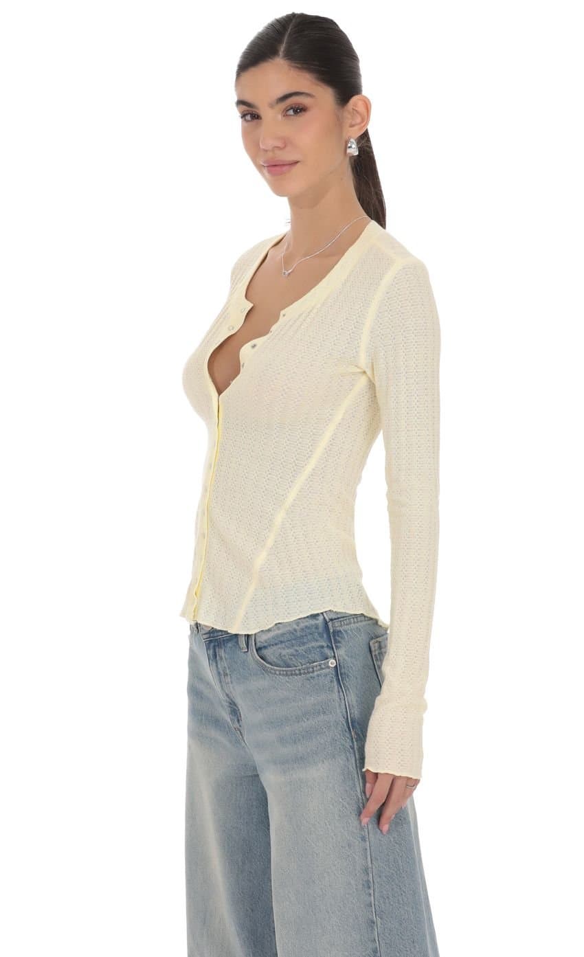 Textured Ribbed Button Top in Pastel Yellow