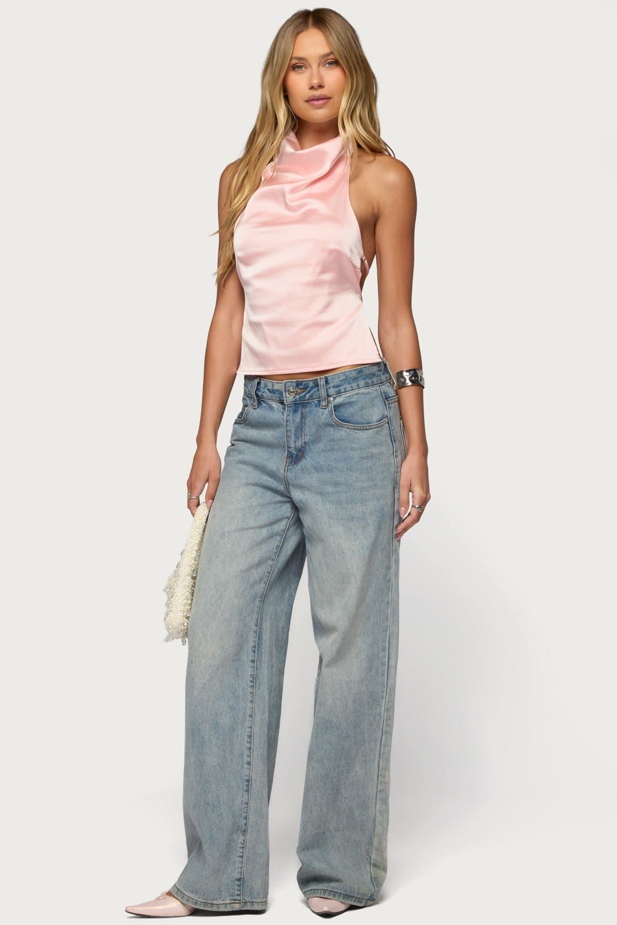 Satin Effect Backless Cowl Neck Top with Adjustable Straps