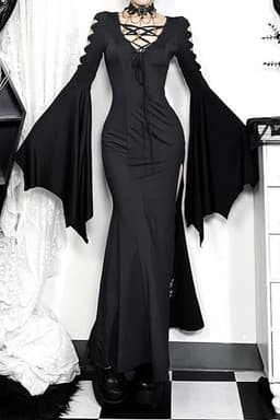Witch Style Gothic Maxi Dress - High Waist V-Neck Batwing Sleeve Polyester Spandex
