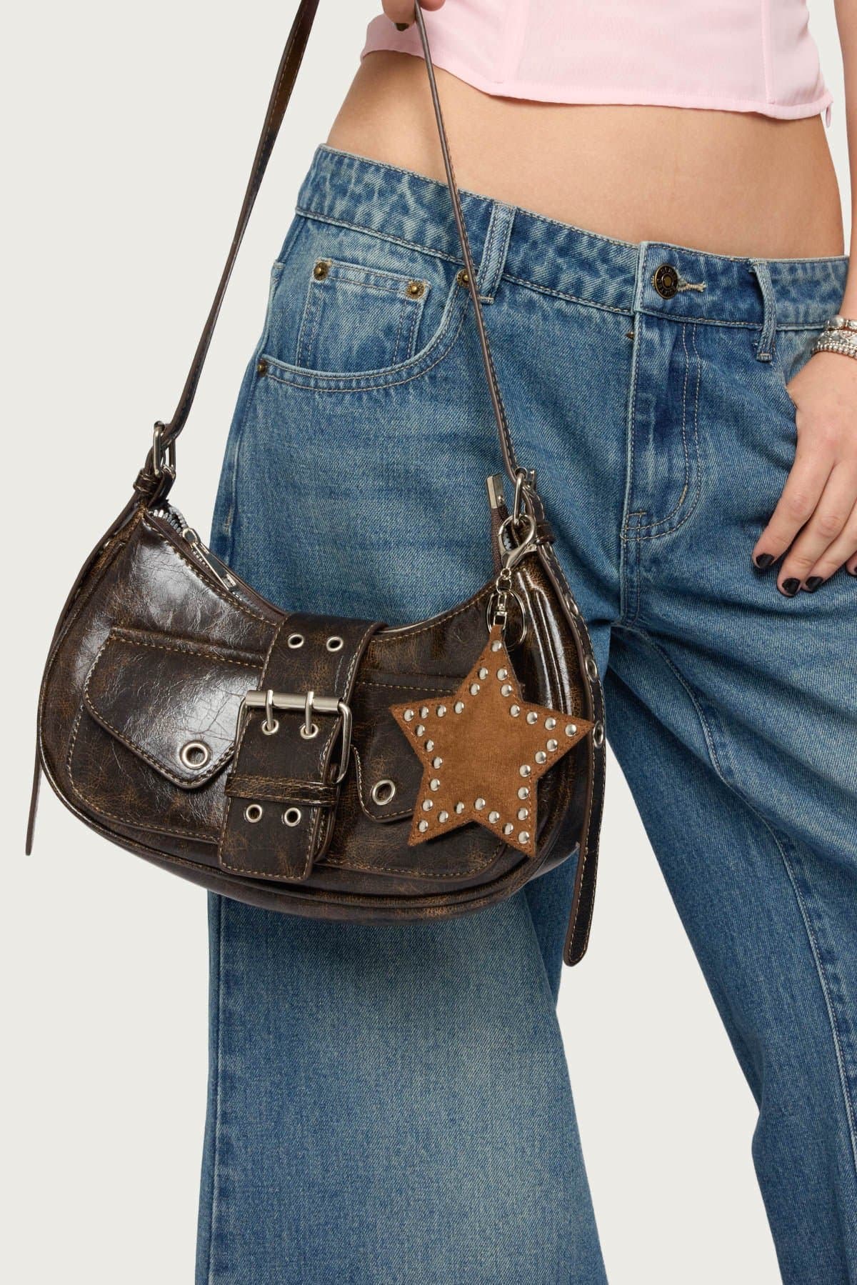 Stargazing Studded Faux Suede Charm Star Design, Polyester Silver Tone Metal 4.1in