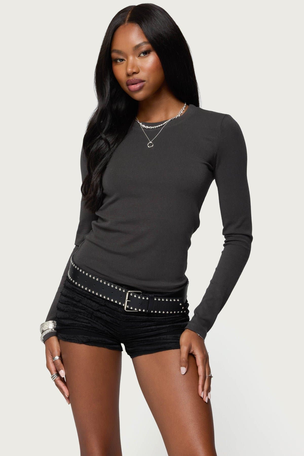 Daphne Ribbed Long Sleeve T-Shirt - Rayon Cotton Acrylic Spandex Blend