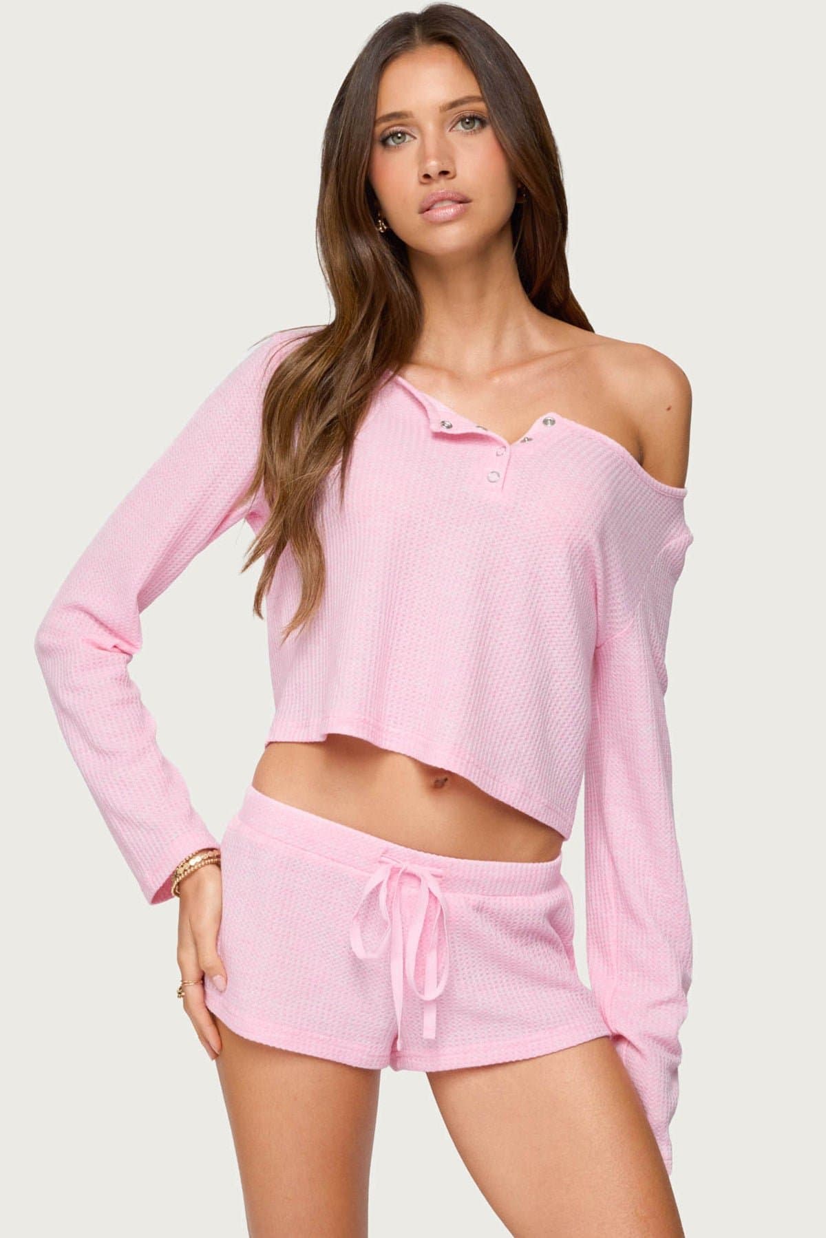 Teddy Cropped Waffle Top - Long Sleeve Henley Loungewear in Polyester Rayon Spandex