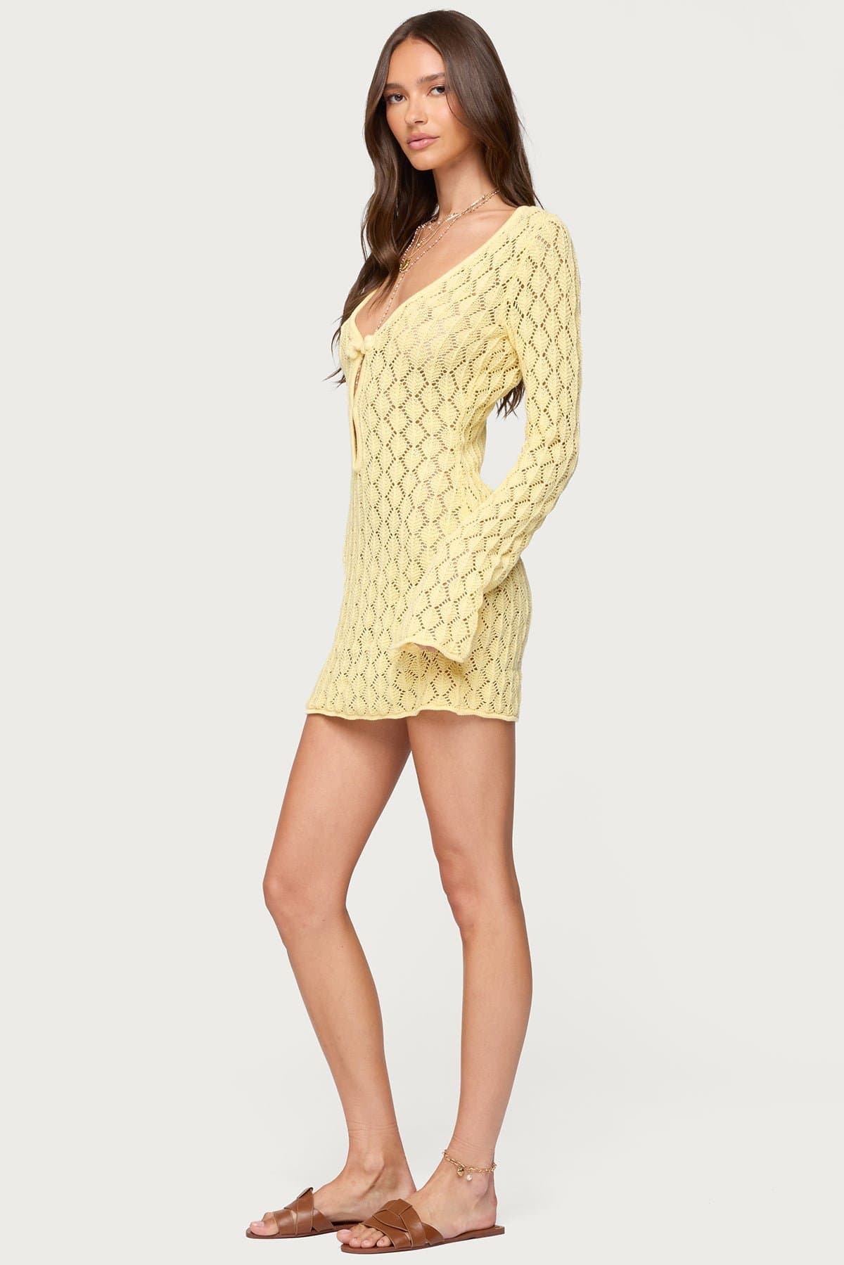 Brie Cut Out Crochet Mini Dress - Long Sleeve V Neck Cotton Polyester
