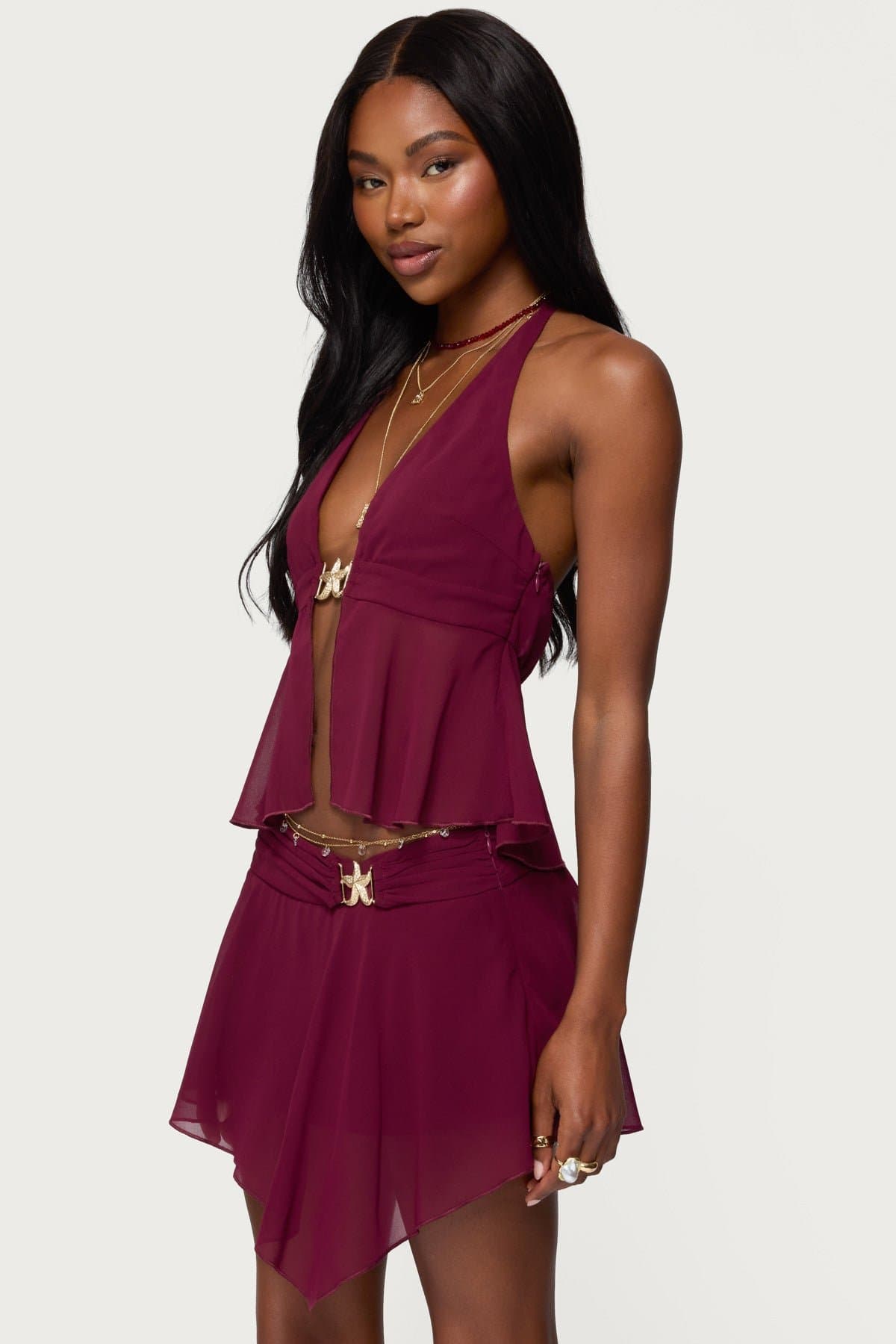 Sea Star Chiffon Split Front Halter Top - Sheer Polyester