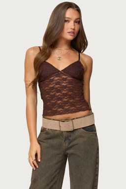 Eira Sheer Lace Tank Top with Mini Bow, Adjustable Straps, Polyester Spandex