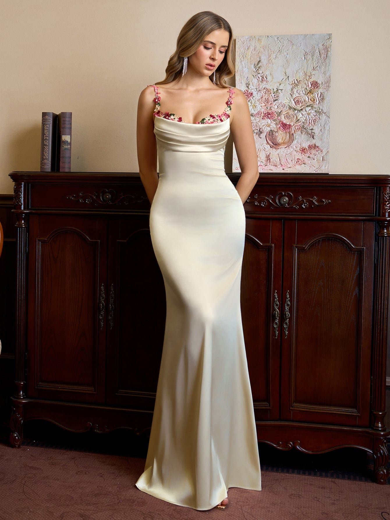 Embellished Strap Tie Back Satin Bodycon Dress