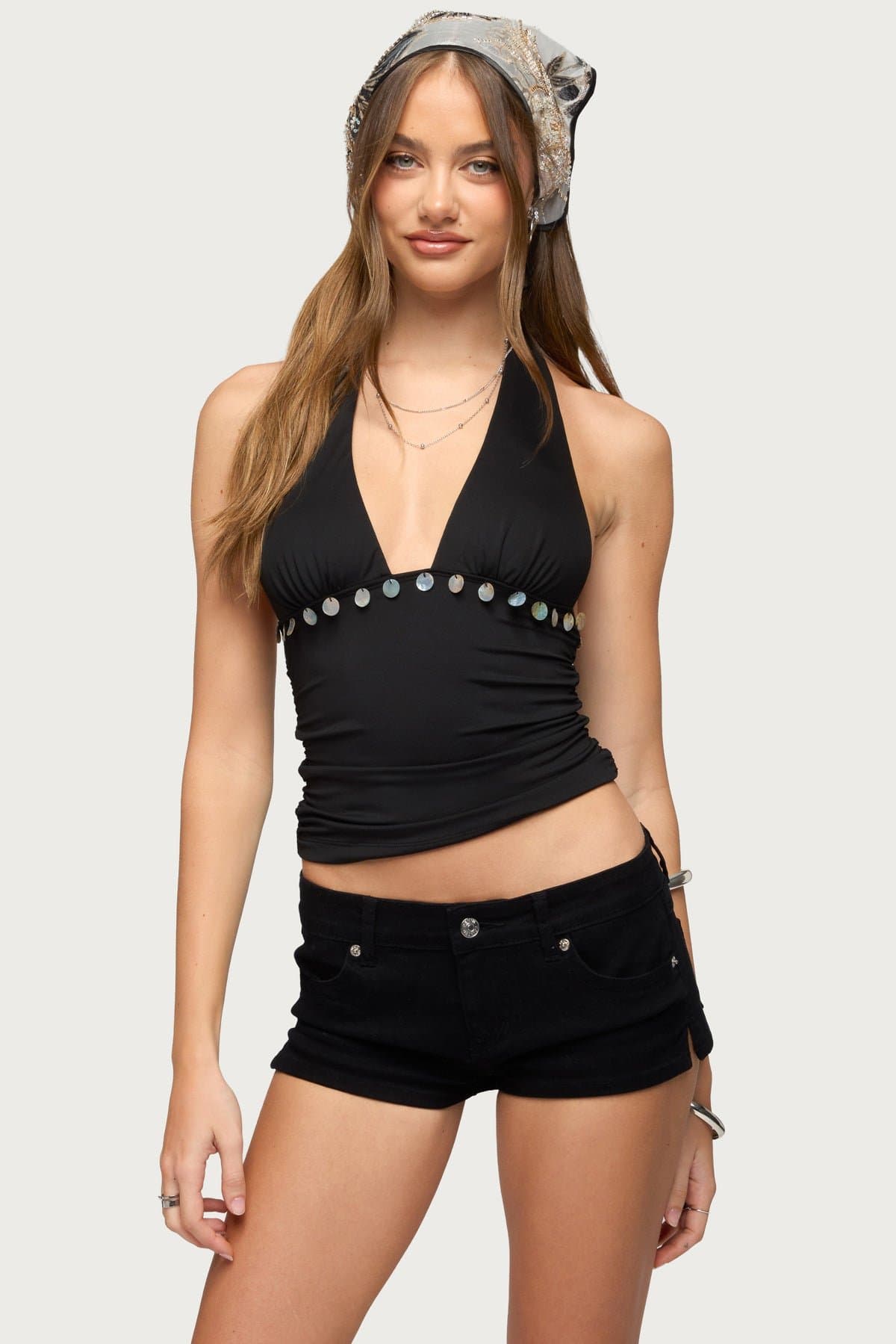 Ronya Iridescent Charm Halter Top - Nylon Spandex Ruched Sides Neck Tie