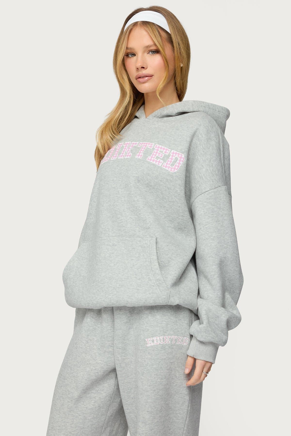 Edikted Lover Oversized Hoodie with Gingham Graphic Patch Polyester Cotton