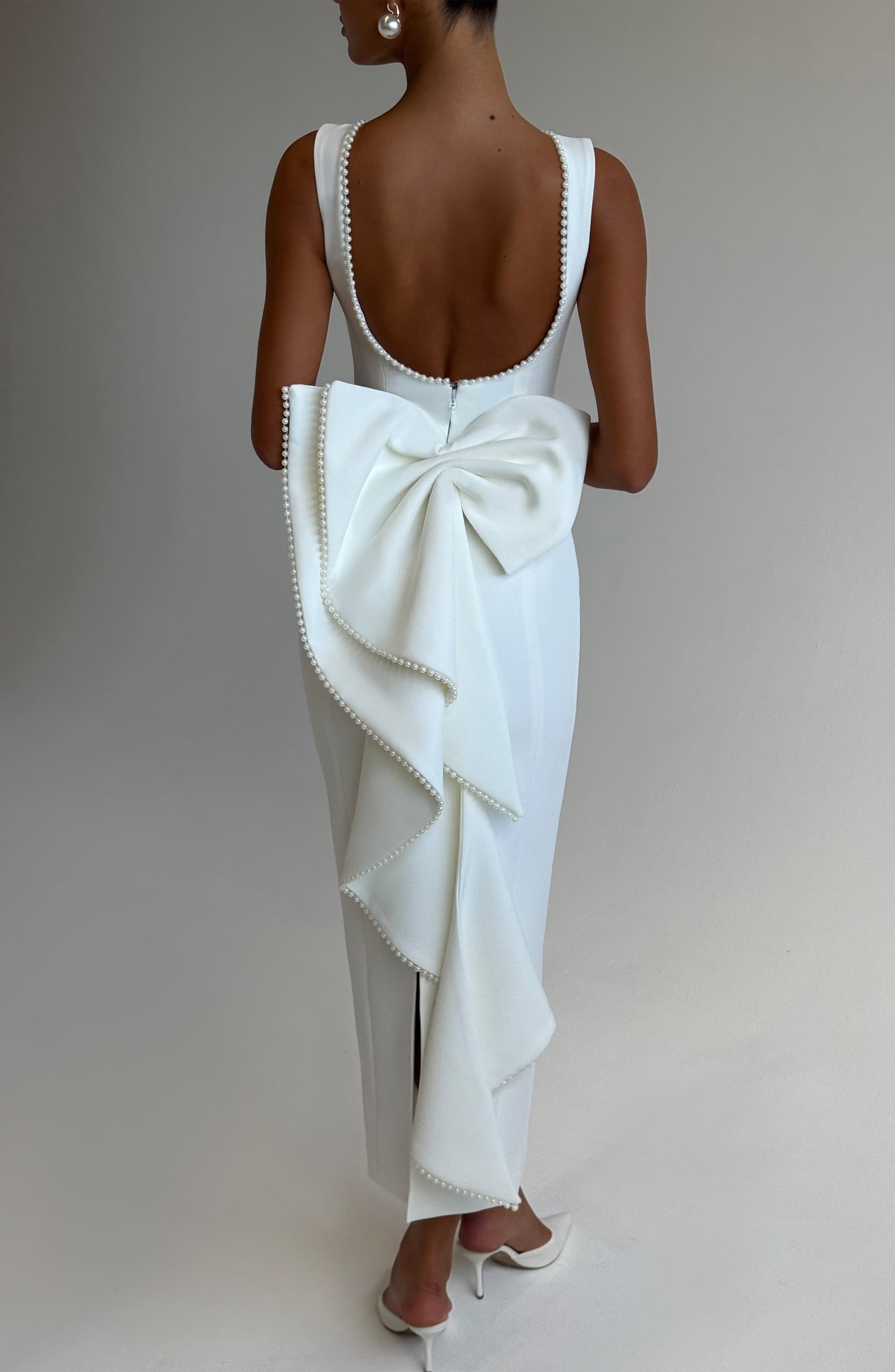 Lana Midaxi Dress in Ivory - Non-Stretch Crepe with Pearl Trim and Detachable Bow