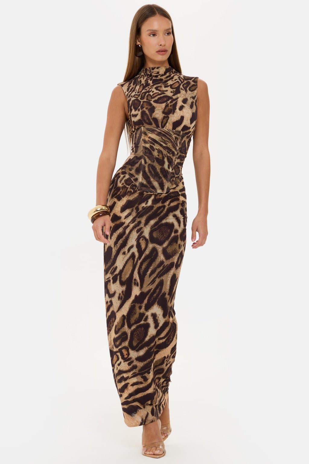 Leopard Print Corset Maxi Dress High Neck Sleeveless Nylon Elastane