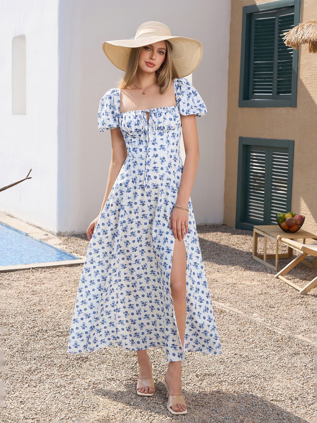 Puff Sleeve High Split Floral Print Dress