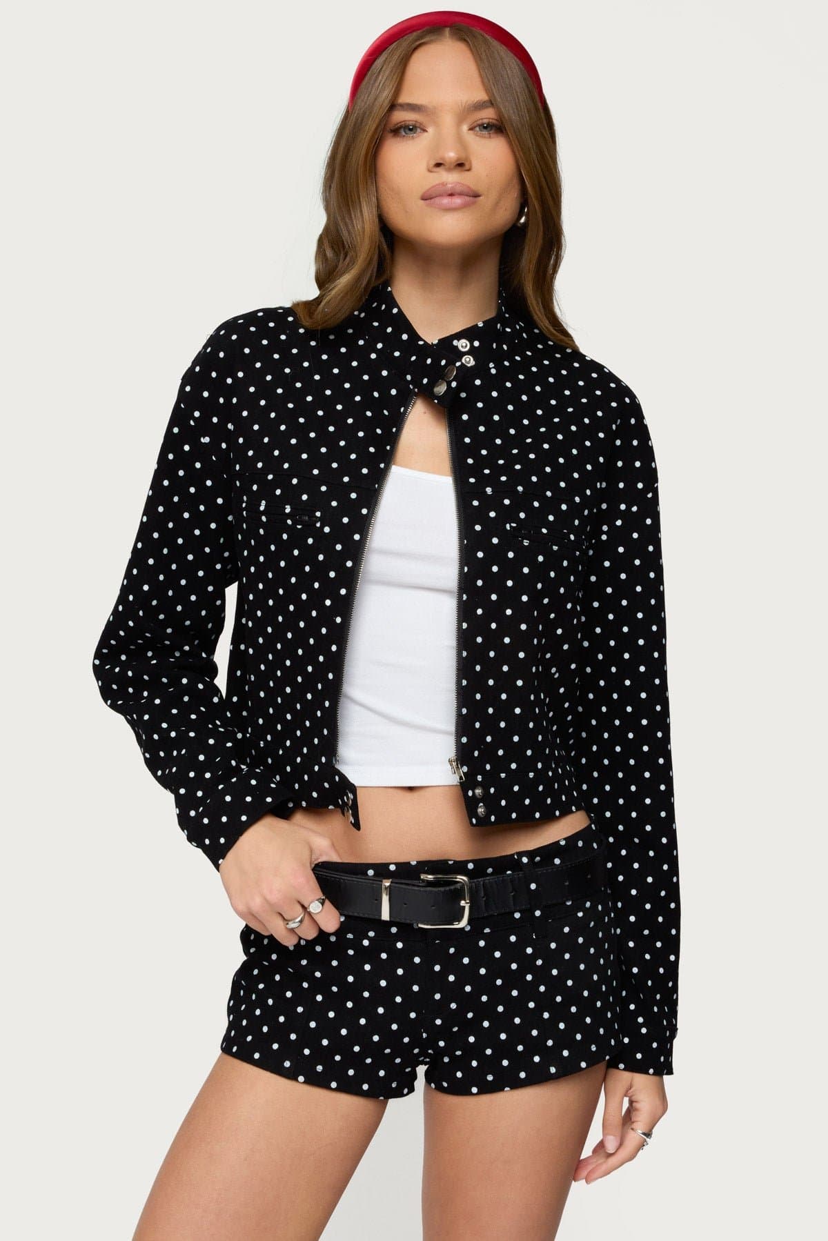 Tabitha Polka Dot Print Jacket - Cotton Spandex Front Zip Button Closure Small
