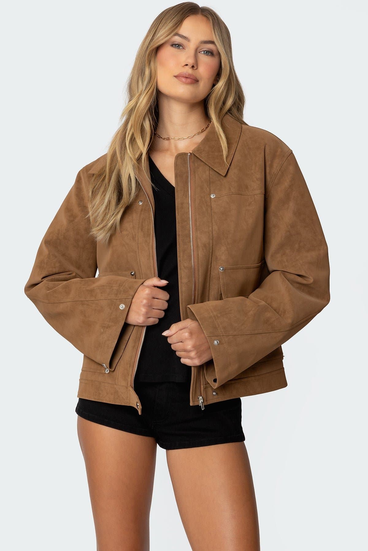 Annabelle Oversized Faux Suede Jacket - Collared Polyurethane Rayon Women's Coat