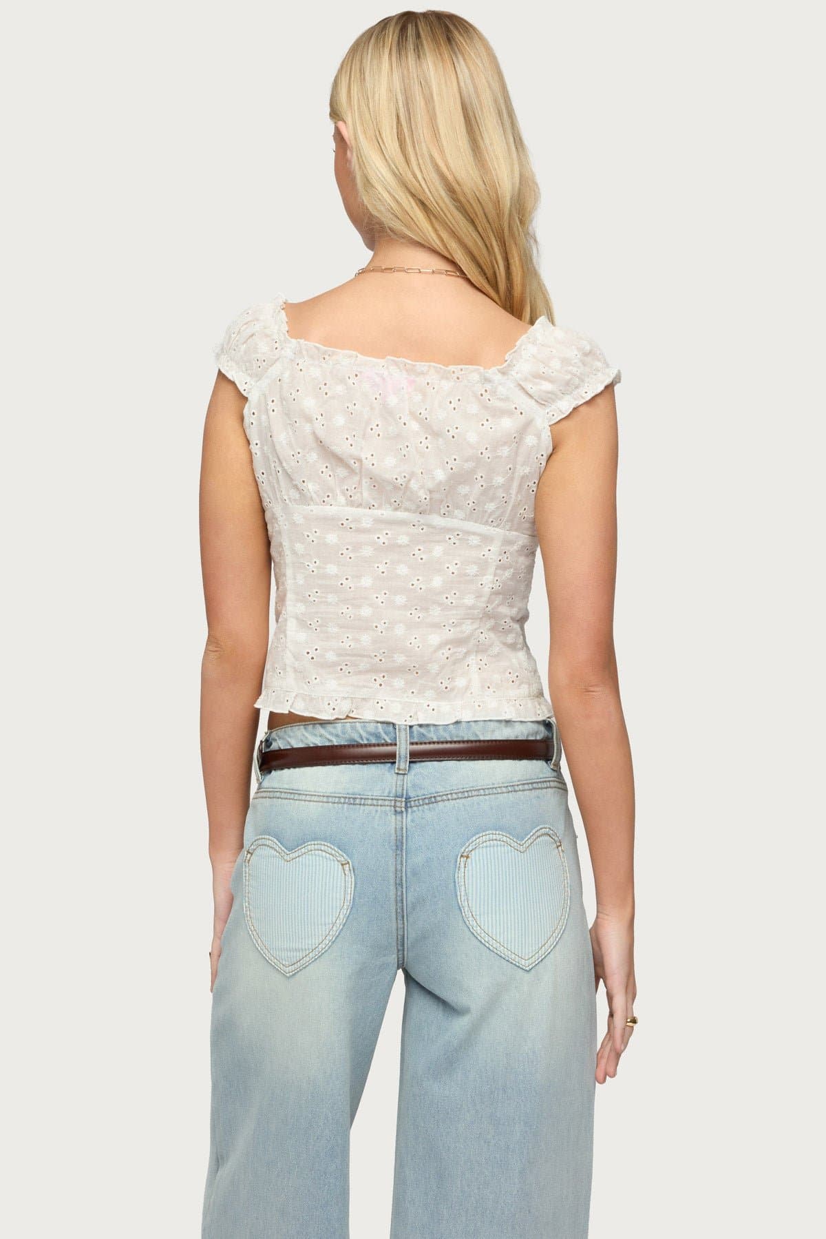 Dolsy Button Up Top - Wide V Neck, Short Puff Sleeves, Eyelet Cotton