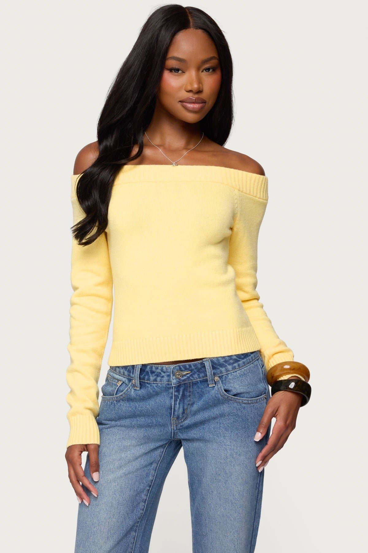 Elona Off Shoulder Long Sleeve Knit Top - Ribbed Acrylic Fabric