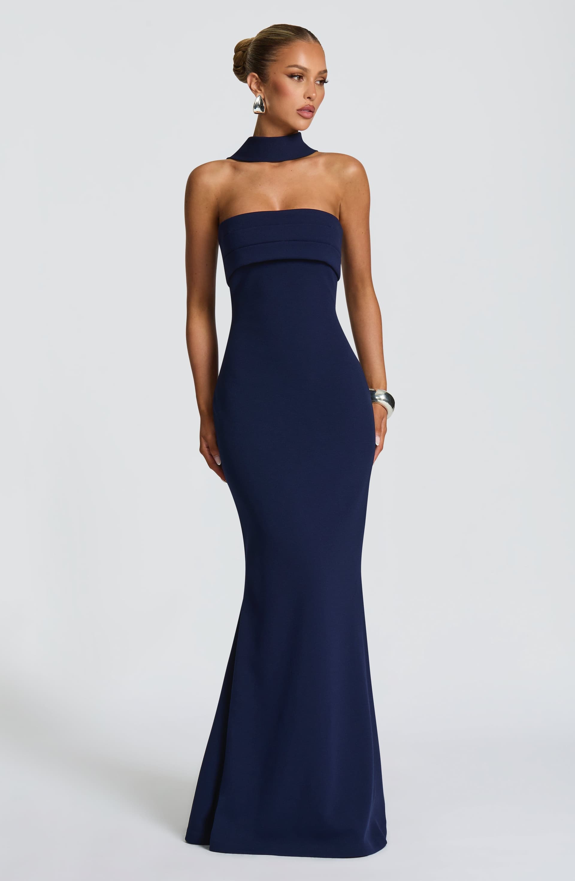 Leura Maxi Dress - Navy Strapless Stretch Crepe Fit and Flare with Pleated Bust