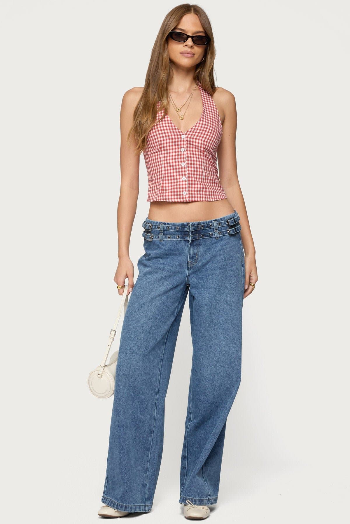 Evan Gingham Button Up Halter Top - V Neck 100% Cotton