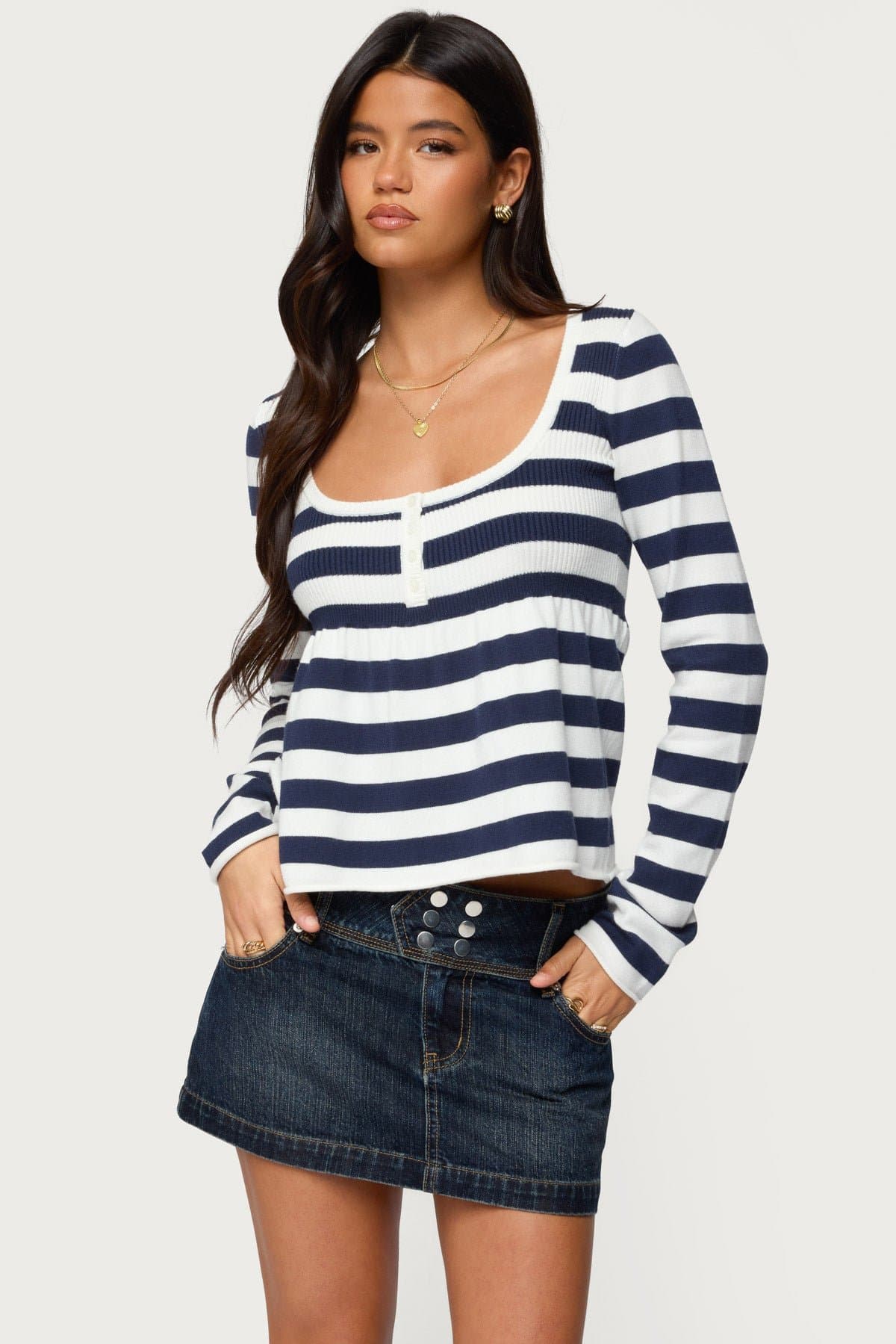 Lockie Striped Knit Babydoll Top - Long Sleeve Scoop Neck Rayon Polyester