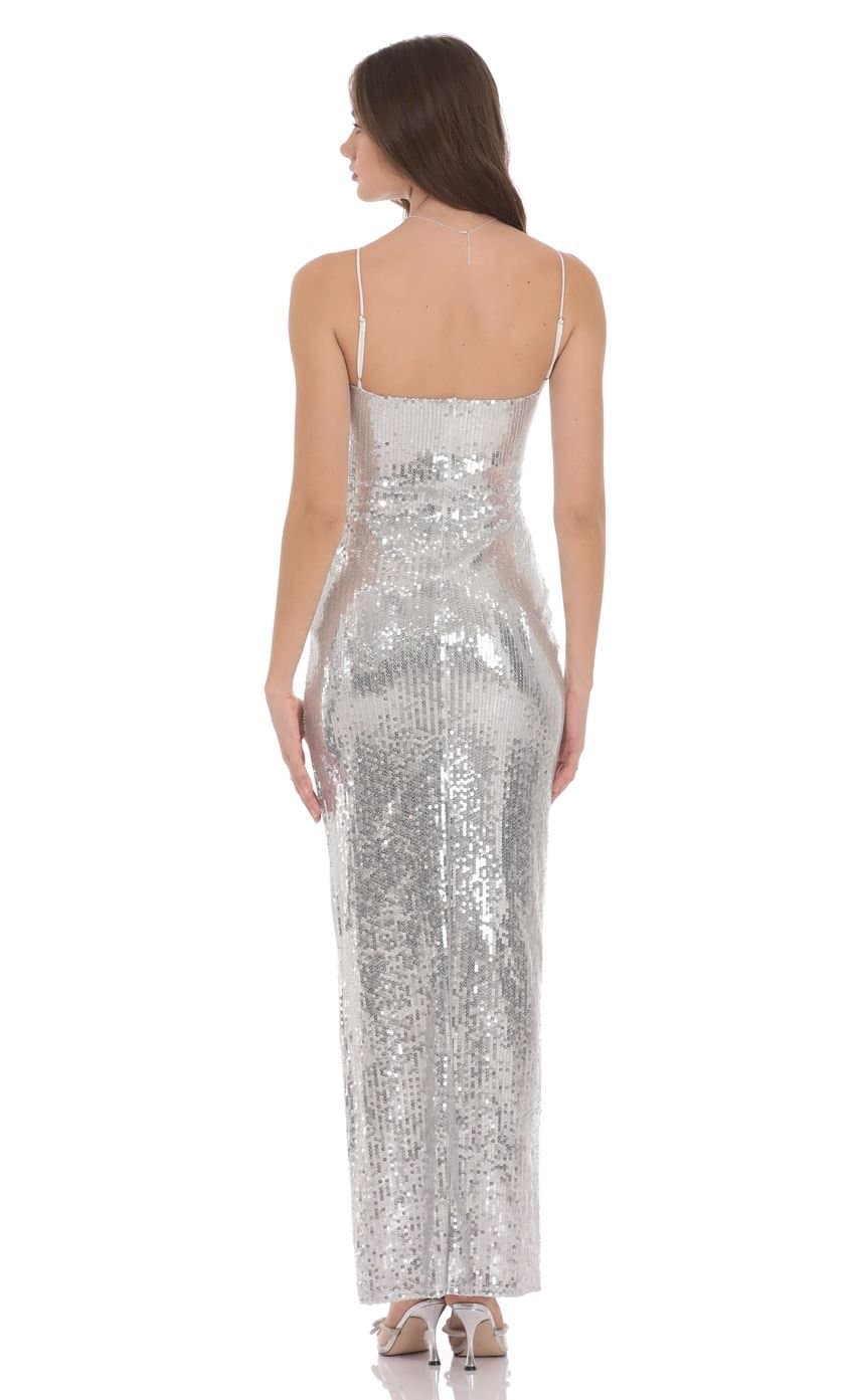 Sequin Keyhole Maxi Dress in Silver