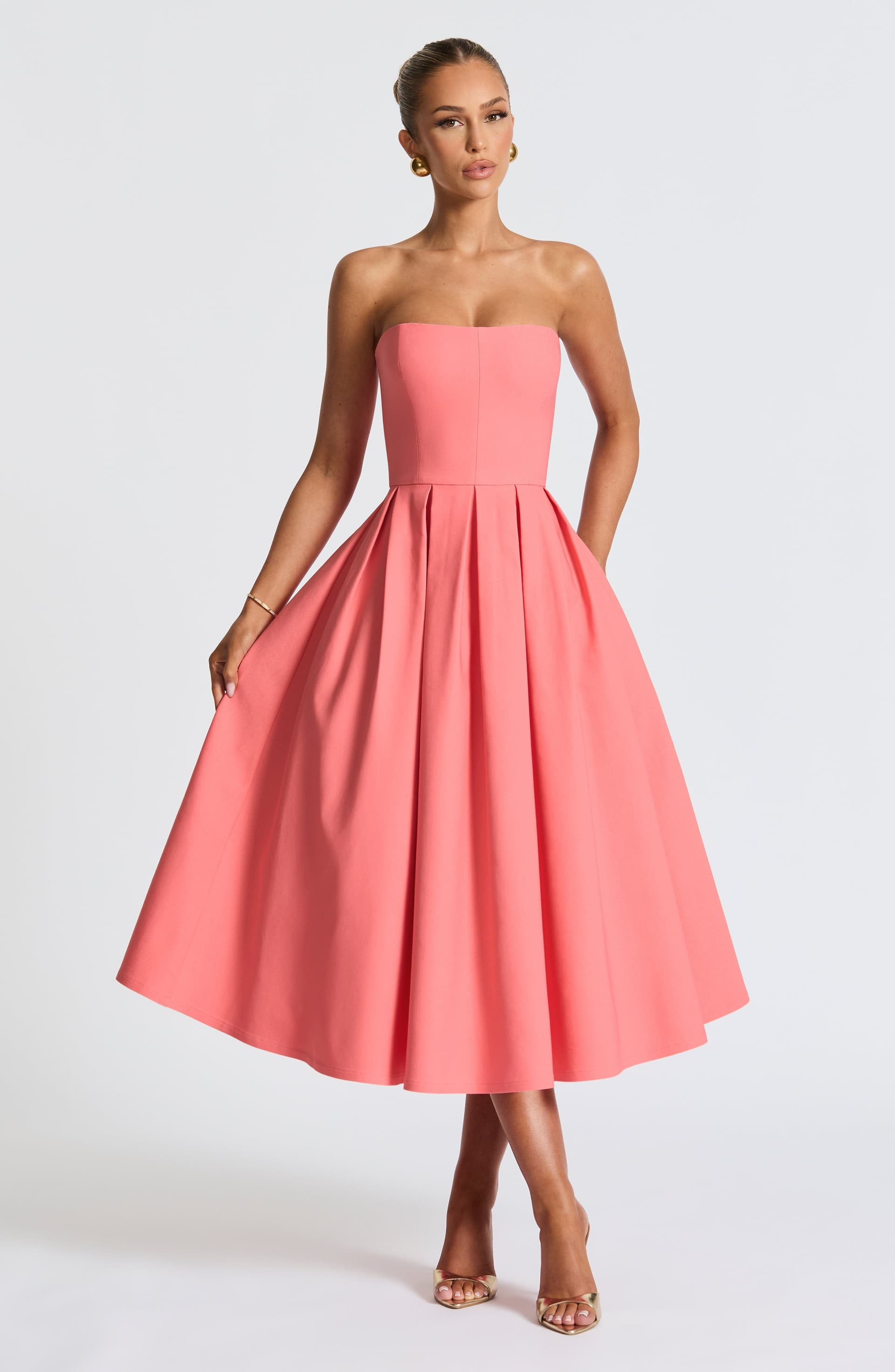 Edith Midi Dress Coral Pink Stretch Bengaline Strapless Pleated