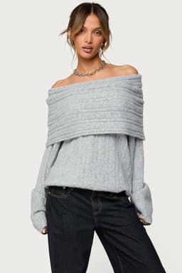 Kadenna Oversized Off Shoulder Sweater - Polyester Nylon Spandex Ribbed Knit