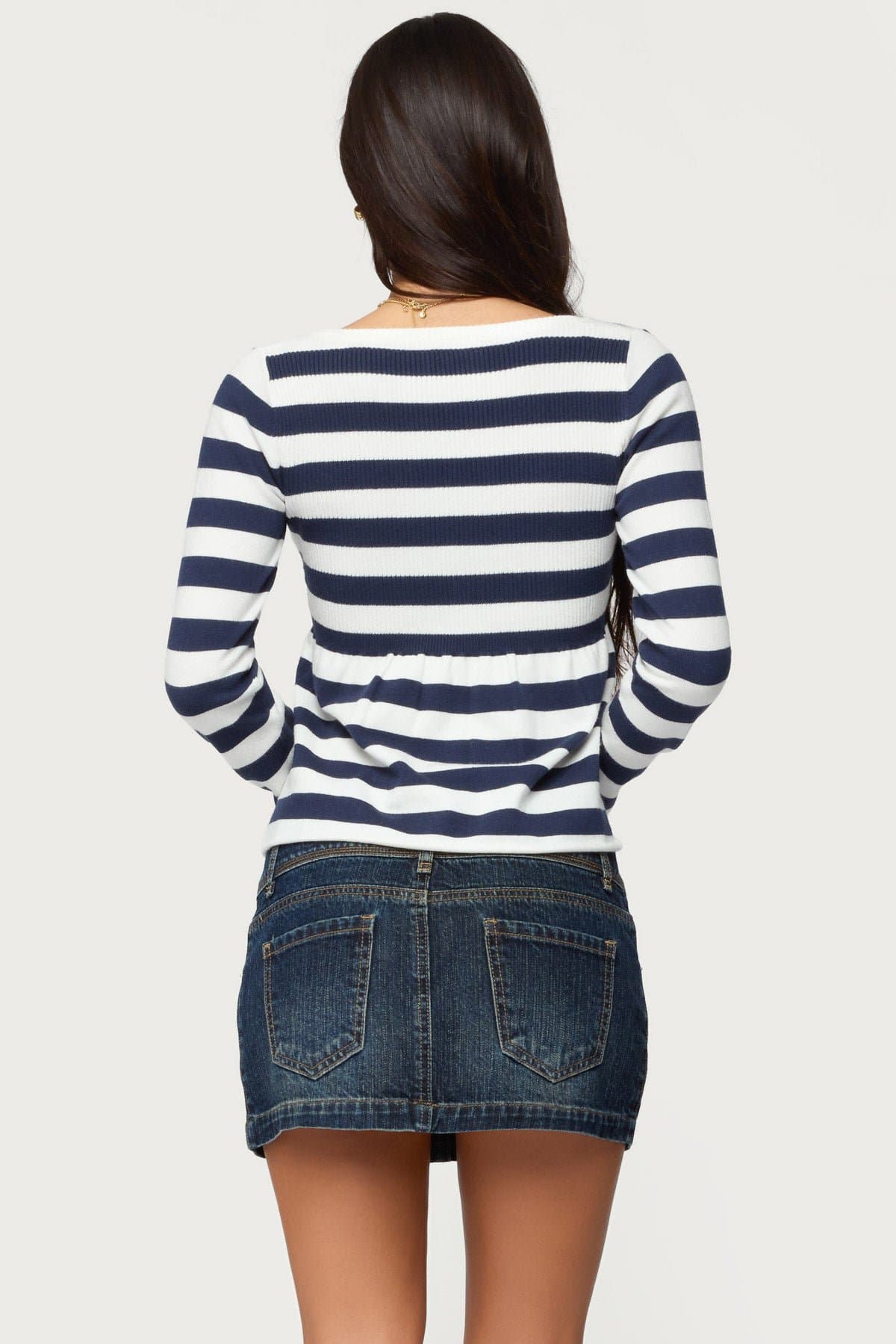 Lockie Striped Knit Babydoll Top - Long Sleeve Scoop Neck Rayon Polyester