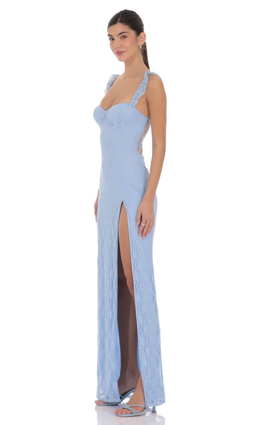 Lace Ruffle Strap Maxi Dress in Light Blue