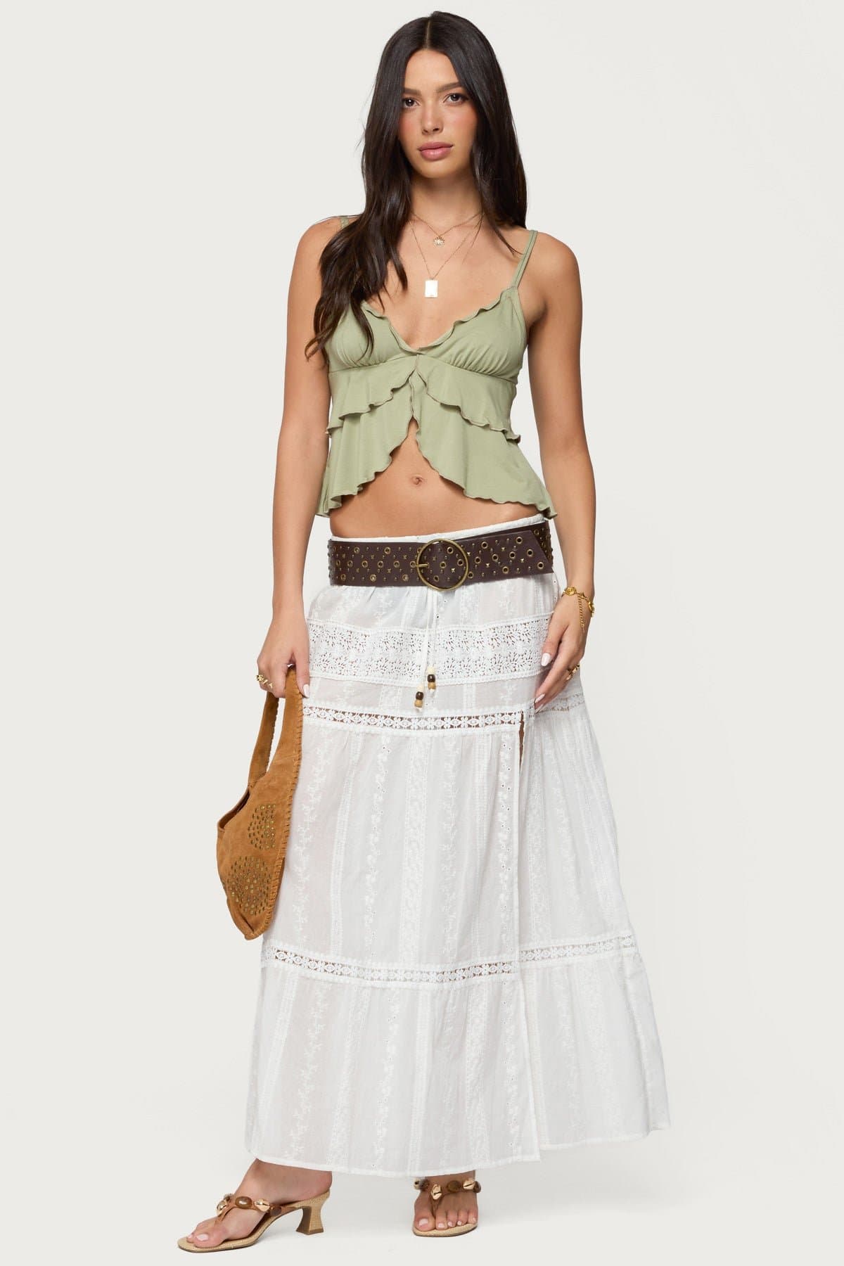 Kailan Ruffled Babydoll Tank Top with Adjustable Straps, Asymmetric Lettuce Hem, Rayon Spandex