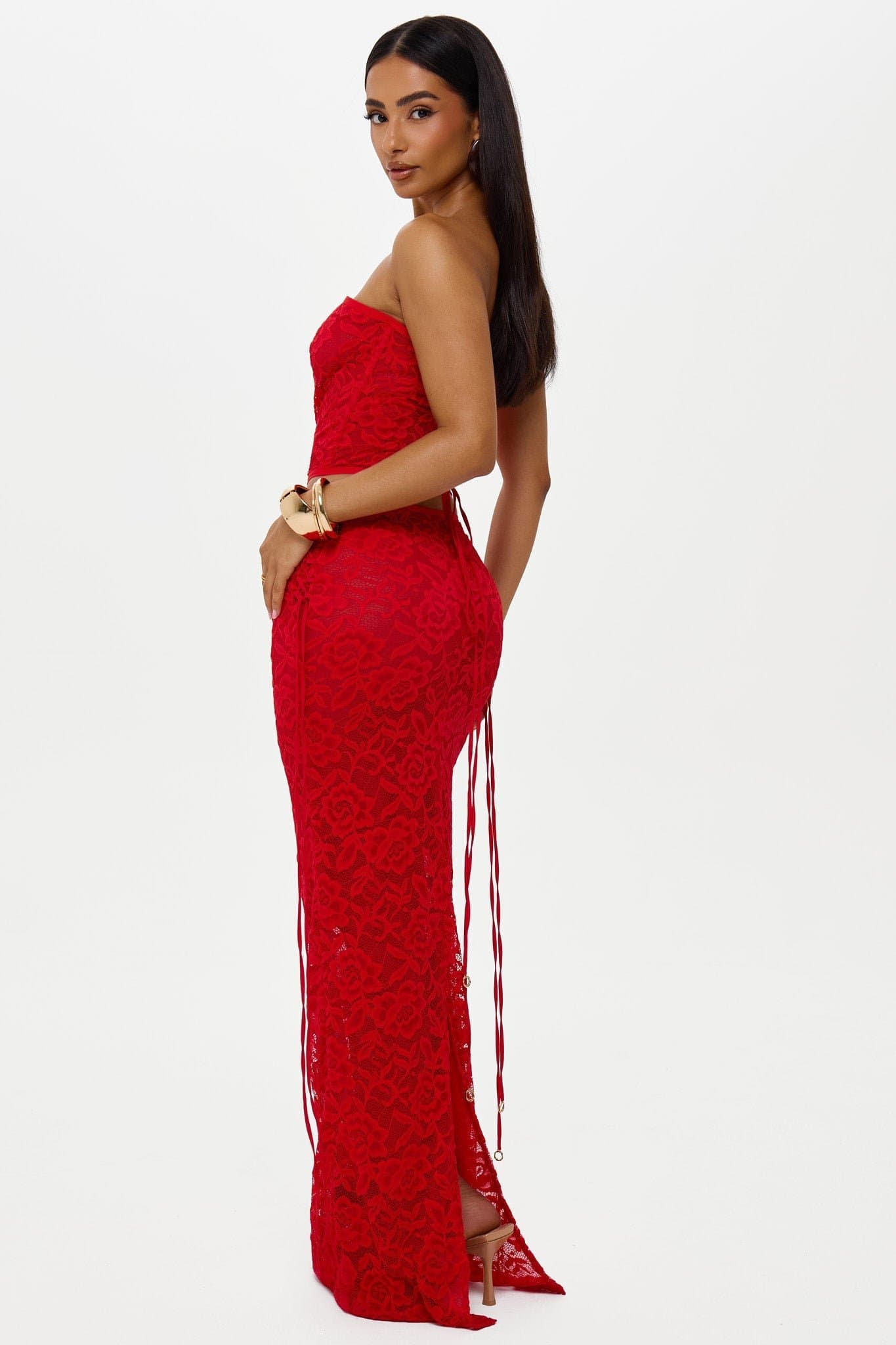 Rosalia Maxi Skirt with Lace-Up Hips and Gold Trims