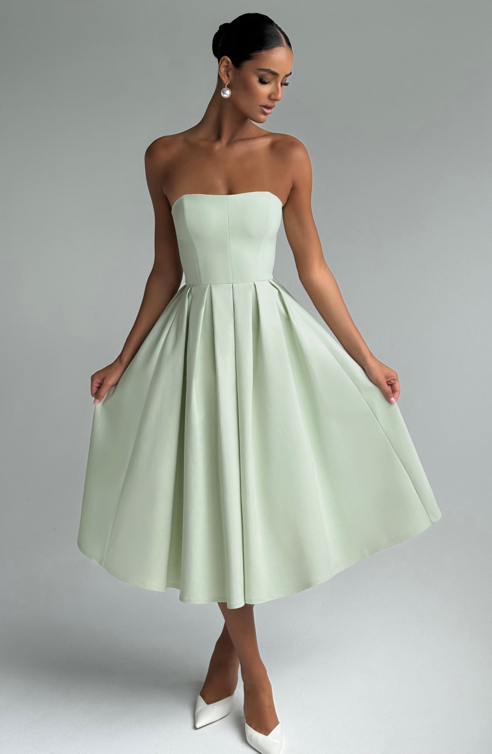 Edith Midi Dress - Mint Strapless Pleated Stretch Bengaline